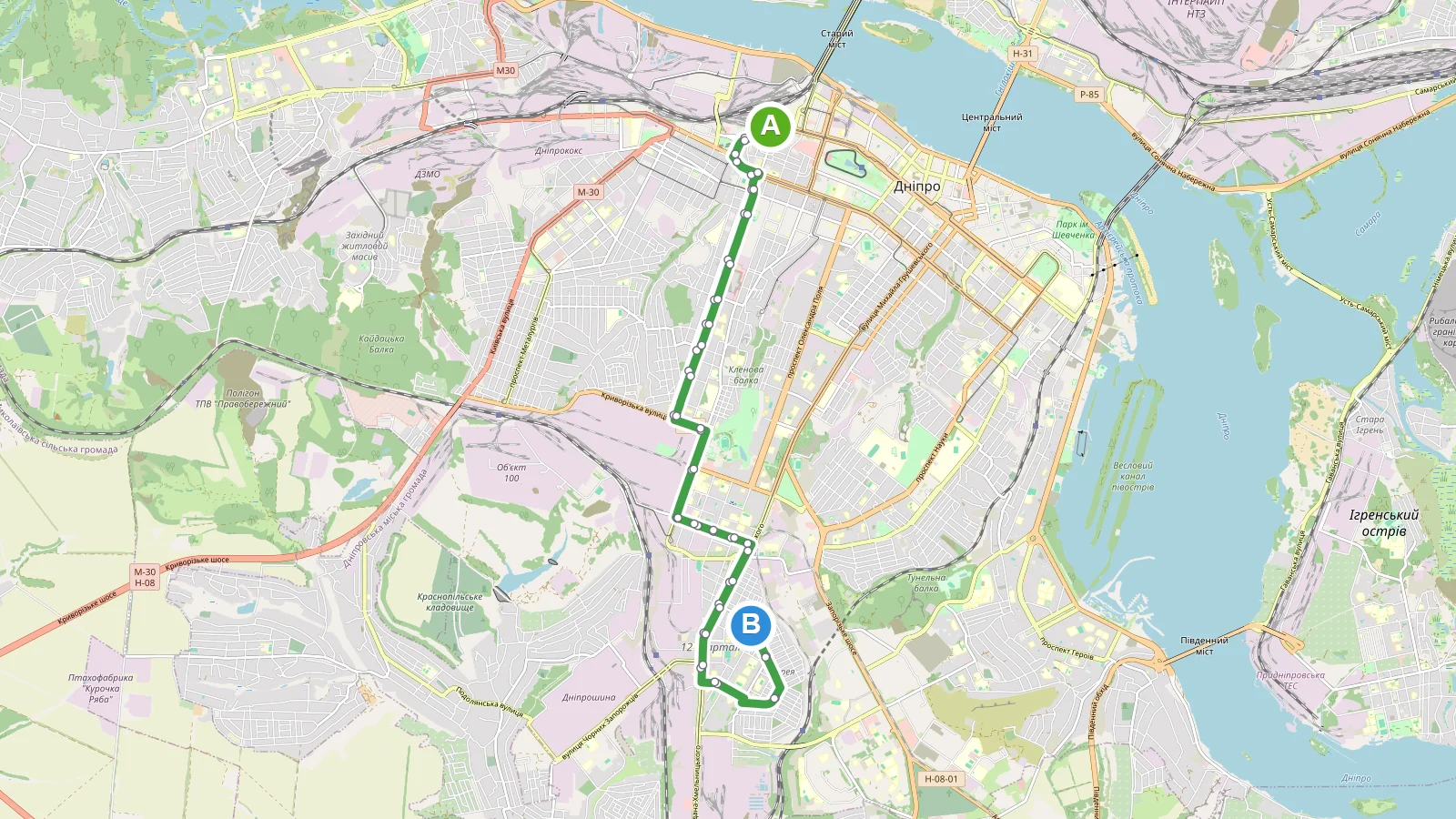 Схема маршруту Автобус 34 Дніпро у Дніпрі