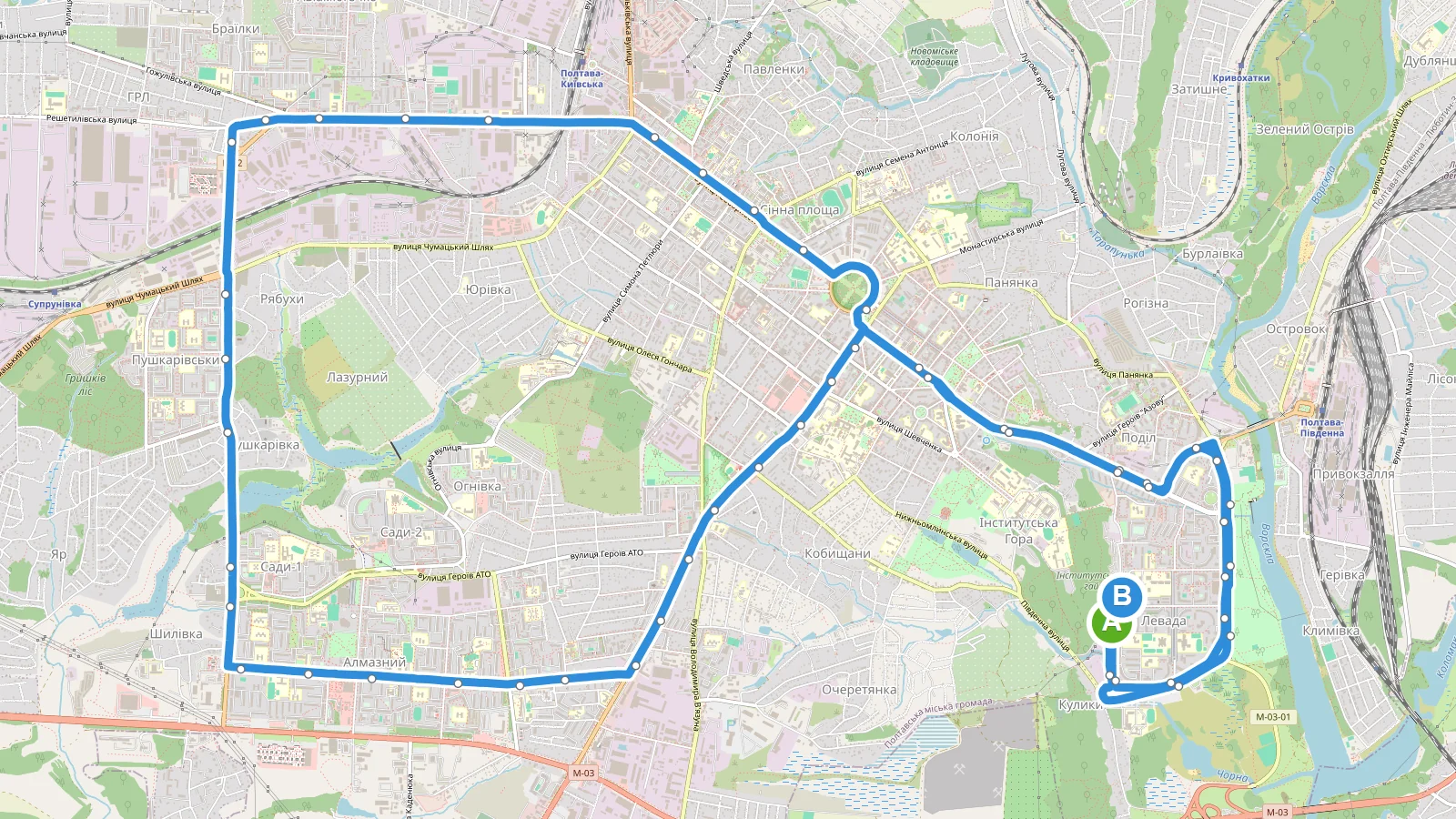 Схема маршруту: Маршрутка 26 Полтава: маршрут, зупинки та розклад